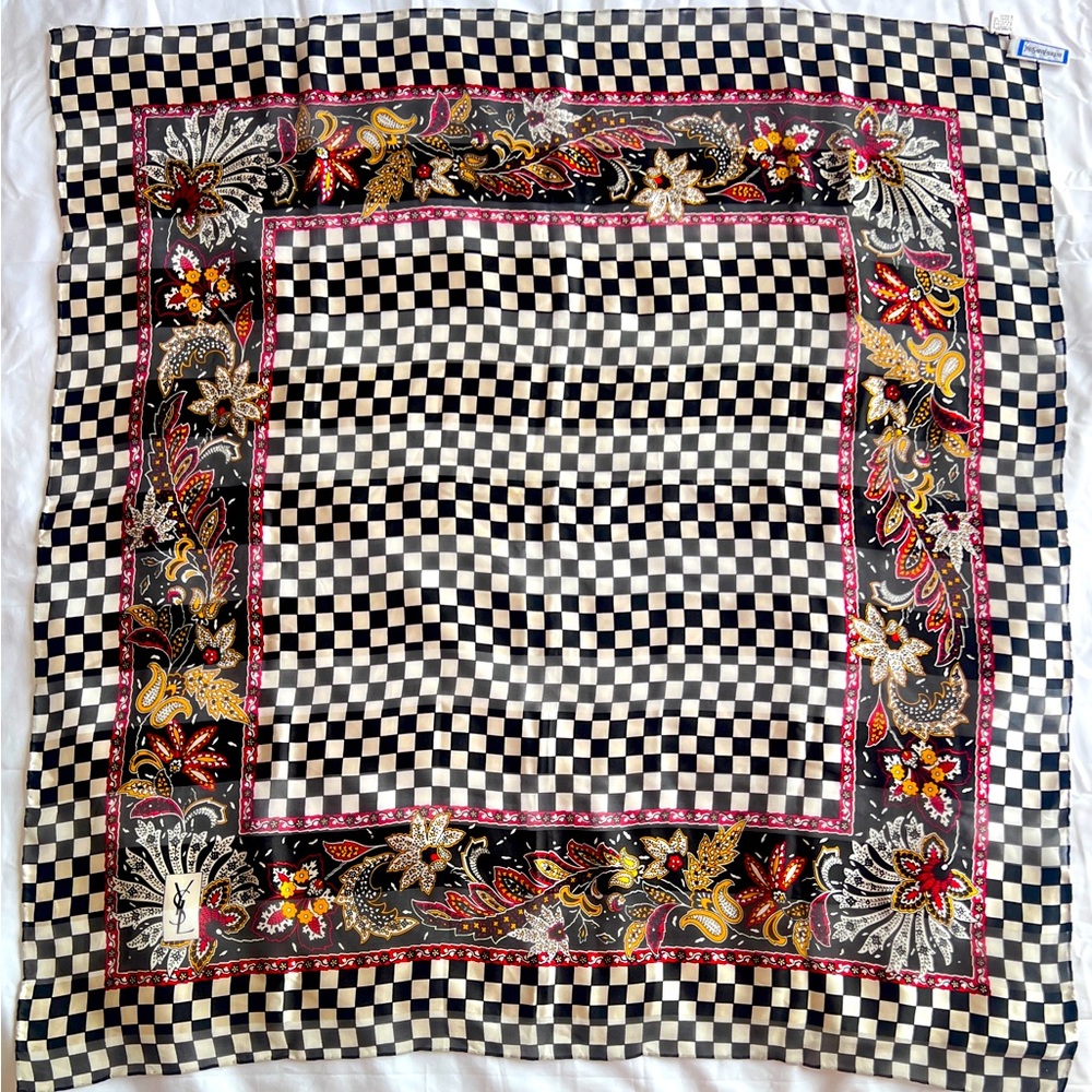 YSL Silk Scarf – Floral Checkerboard Vintage Look